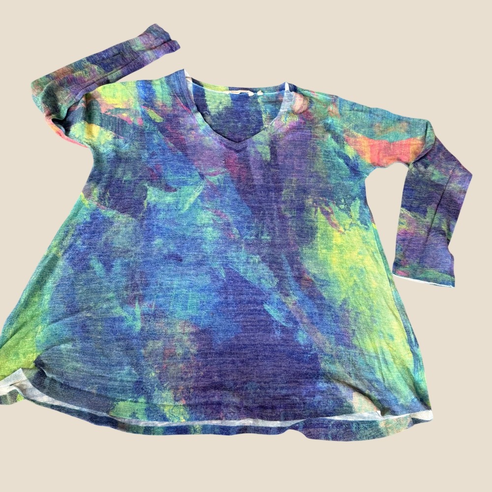 Soft Surroundings Top Women XL Multi Color Artistic V-Neck Abstract 2BN51